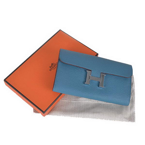 Cheap Fake Top Quality Hermes Constance Long Wallets Blue Calfskin Leather